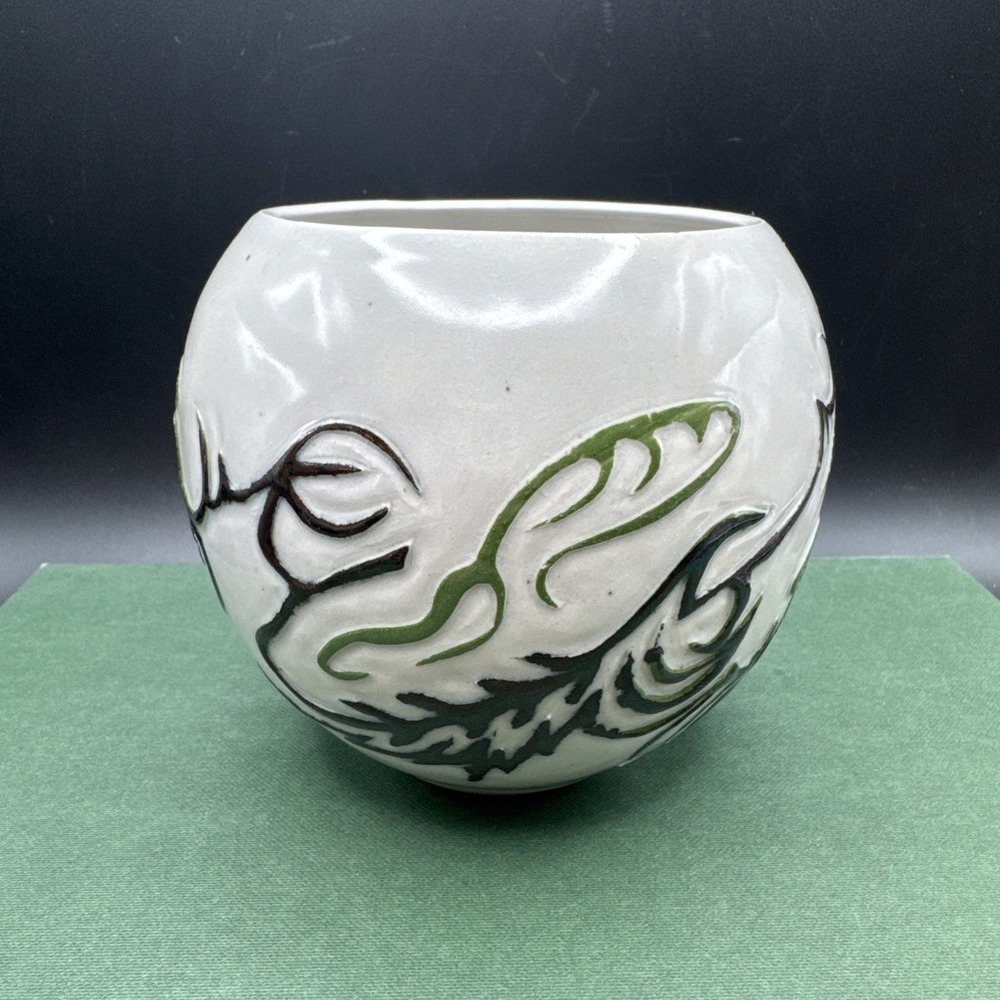 Studio Art Pottery Vase BF Gillen Incised Raised Black Green Abstract Design 5"